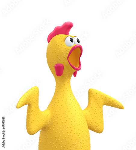 Screaming rubber chicken, surprised chicken, rooster isolated on white. Clipping path included
