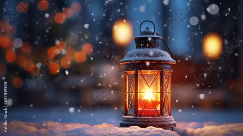 a lantern with a candle in the snow