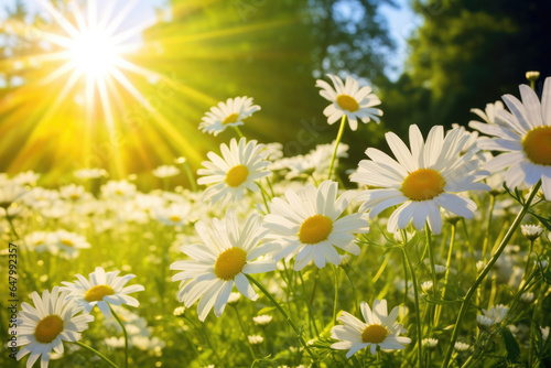 Beautiful field of daisies with sun shining in background. This image captures essence of sunny day in nature. Perfect for adding touch of brightness to any project or design. © vefimov