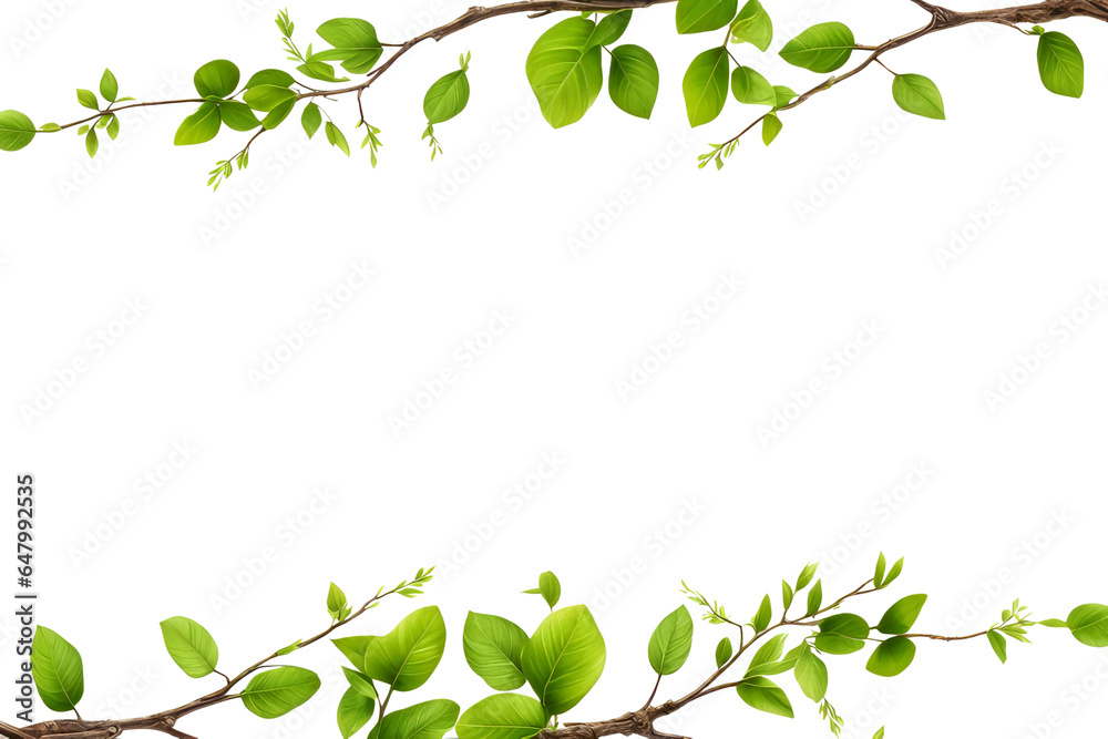 Green branch frame with space for text on transparent background.