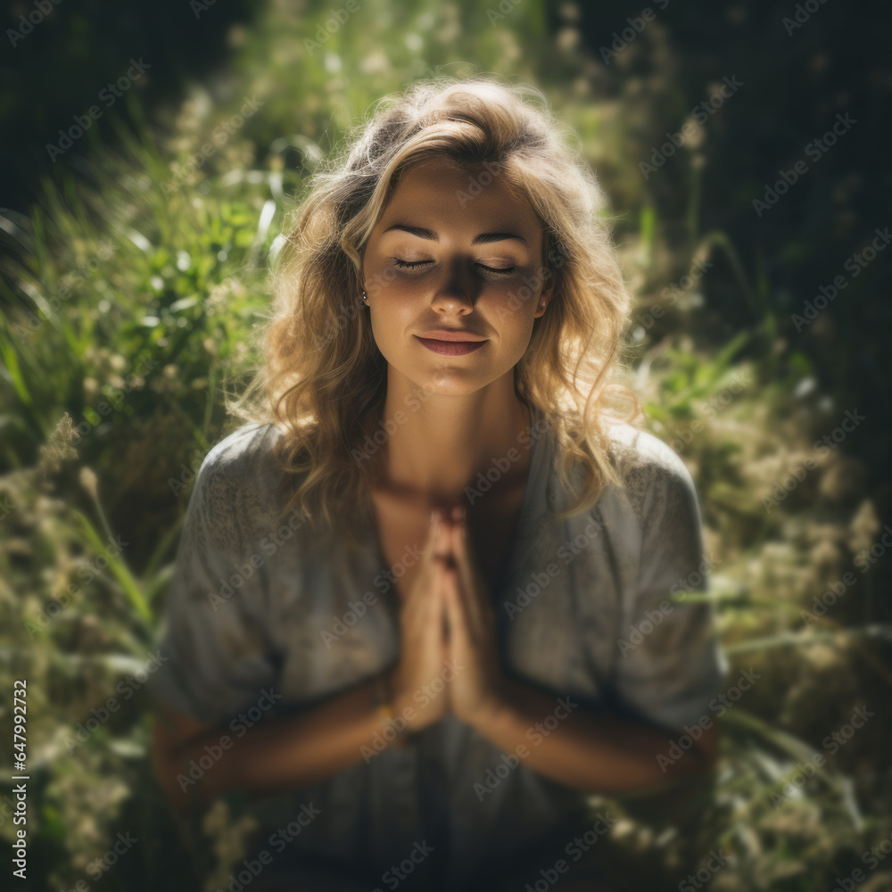 Fototapeta premium Prayer, woman outdoors on knees praying. Religion concept.