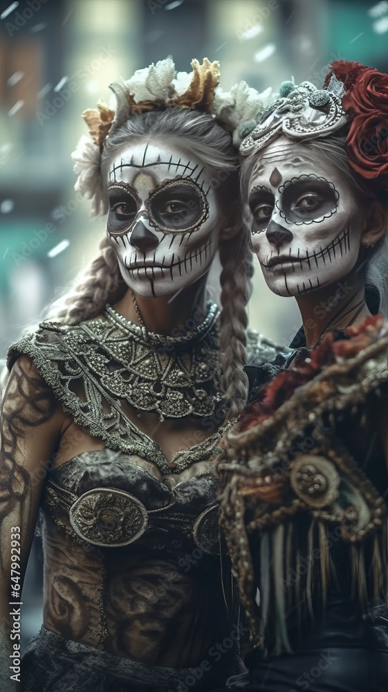 two girls, one painting the others face skeleton for the festival day of the dead.generative ai