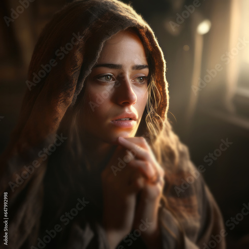 Portrait of young woman in prayer, eyes open. Religion concept. Portrait of young woman in prayer in dark room. Eyes open. Religion concept.