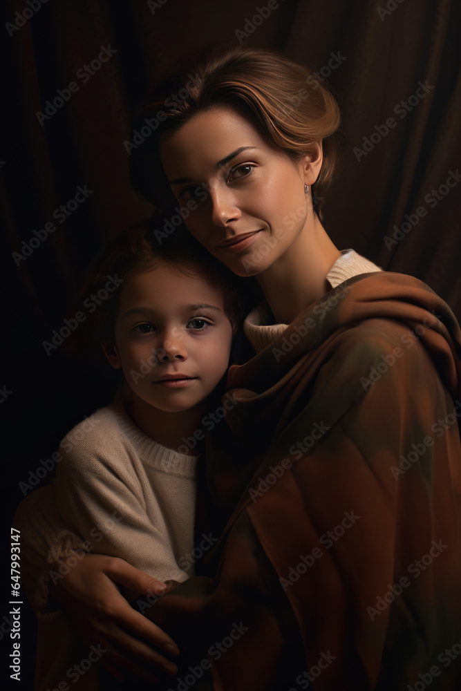 mother hugs her child at home, dark brown background.generative ai mother hugs her child at home, dark brown background.generative ai