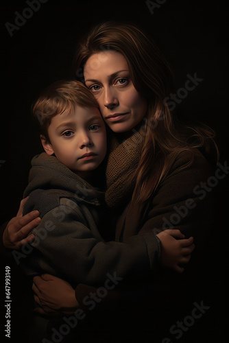 mother hugs her child at home, dark brown background.generative ai