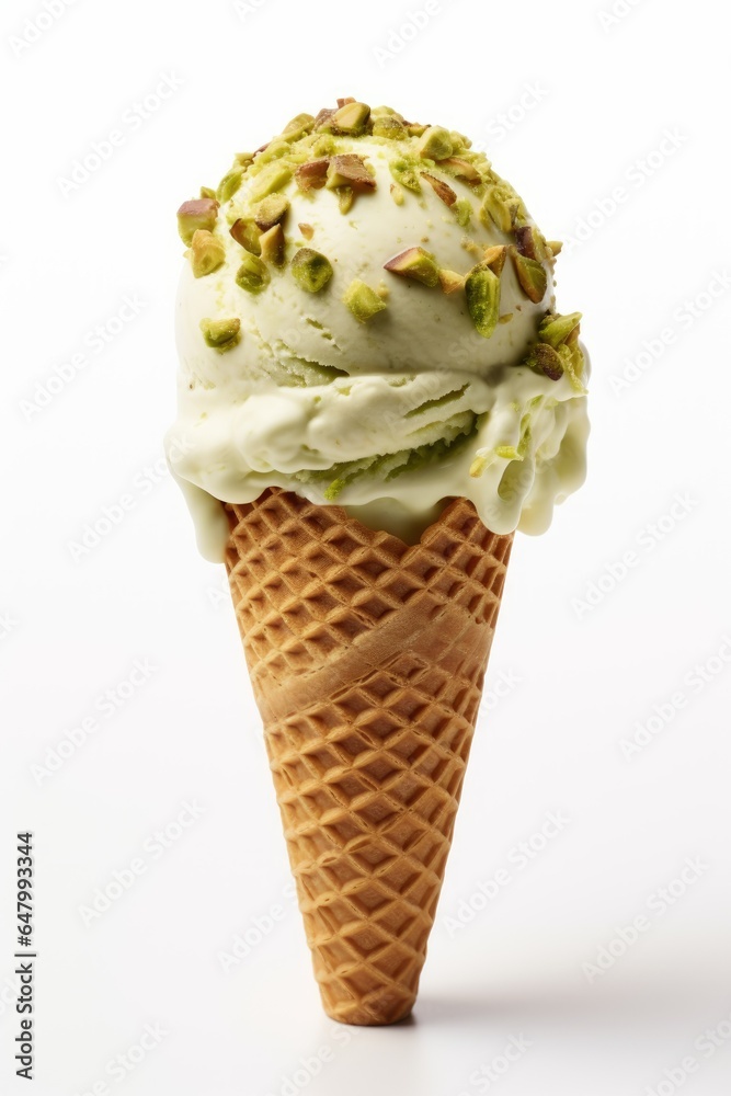 pistachio icecream with waffle cone isolated on white pistachio icecream with waffle cone isolated on white
