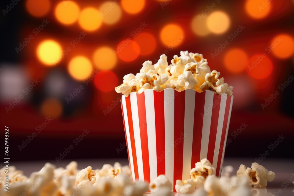 Bucket of popcorn at the movie on lightning background