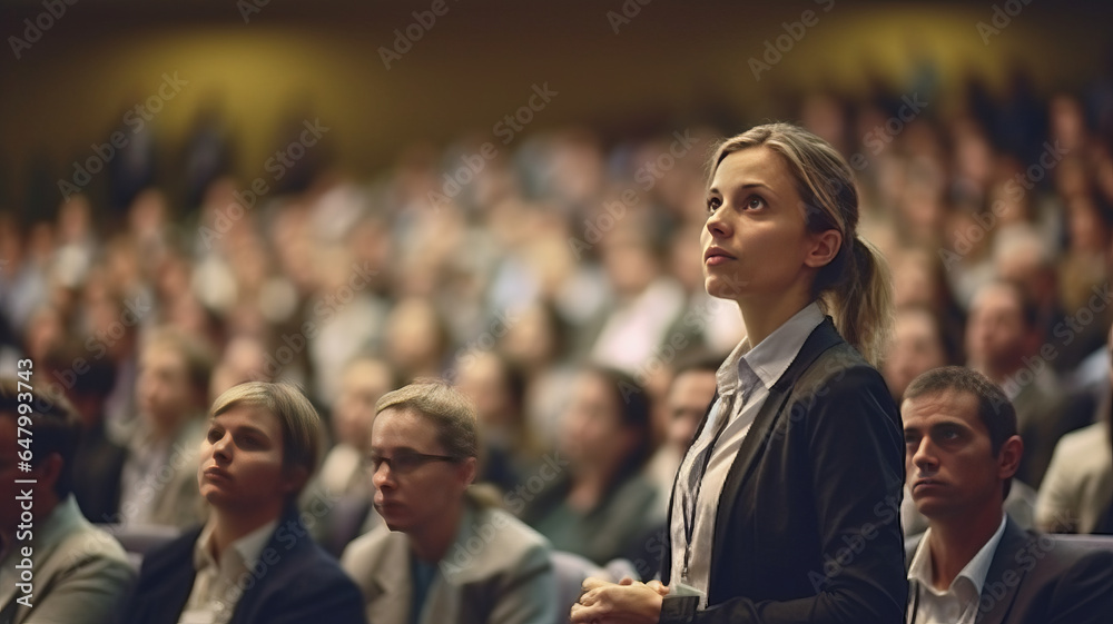 A leader speaker woman at Business Conference and Presentation. Audience at the conference hall.generative ai