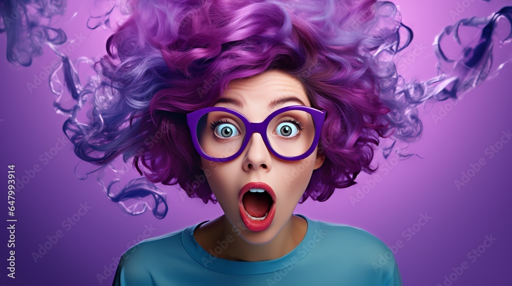 a woman with purple hair and purple glasses