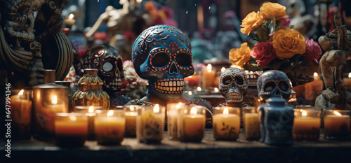 decor of the day of the dead with flower and candle, low andgle, banner design, pure background.generative ai photo
