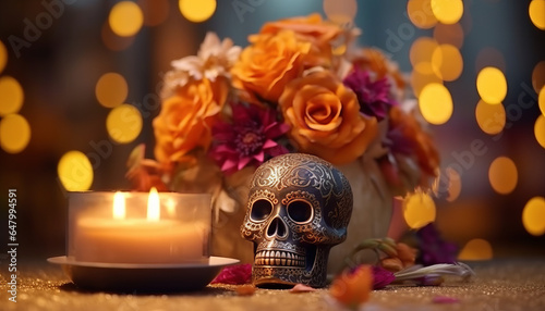 decor of the day of the dead with flower and candle, low andgle, banner design, pure background.generative ai photo