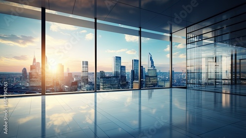 A luxurious modern office building and a stunning view of a city skyline