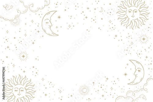 Gold sun and crescent moon with face background illustration. Vector hand drawn mystical element. 
