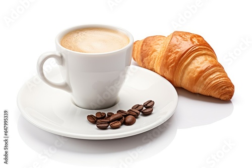 cup of coffee with croissant on white background