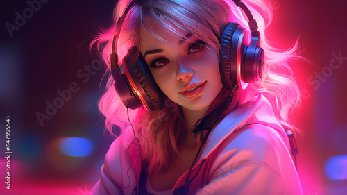 GAMER Cute asian woman WITH microphone speaker HEADSET ON  HOUSEHOLD BACKGROUND.generative ai