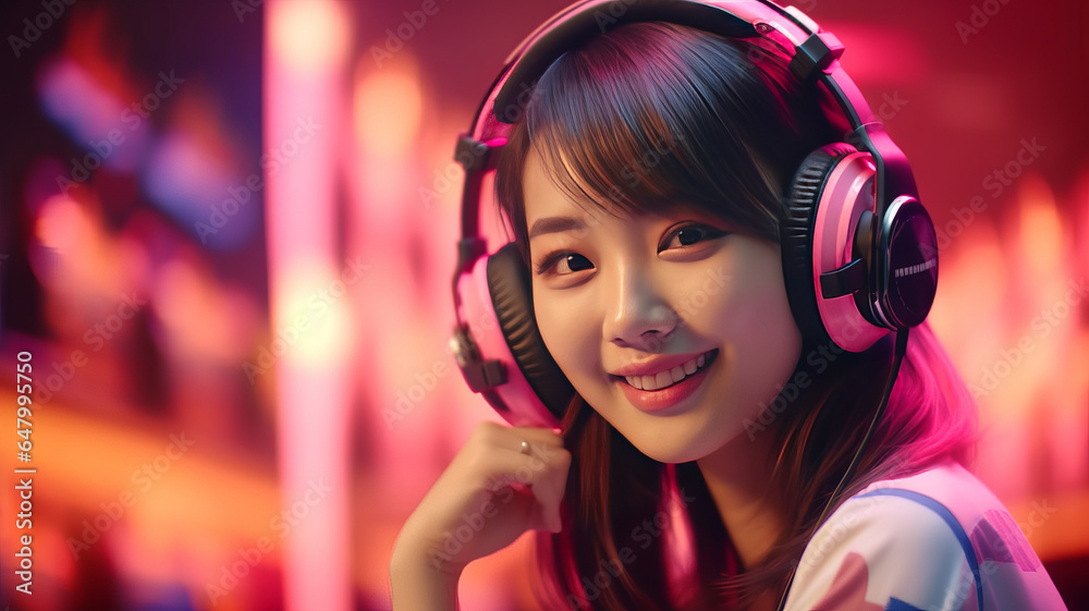 GAMER Cute asian woman WITH microphone speaker HEADSET ON, HOUSEHOLD BACKGROUND.generative ai GAMER Cute asian woman WITH microphone speaker HEADSET ON, HOUSEHOLD BACKGROUND.generative ai