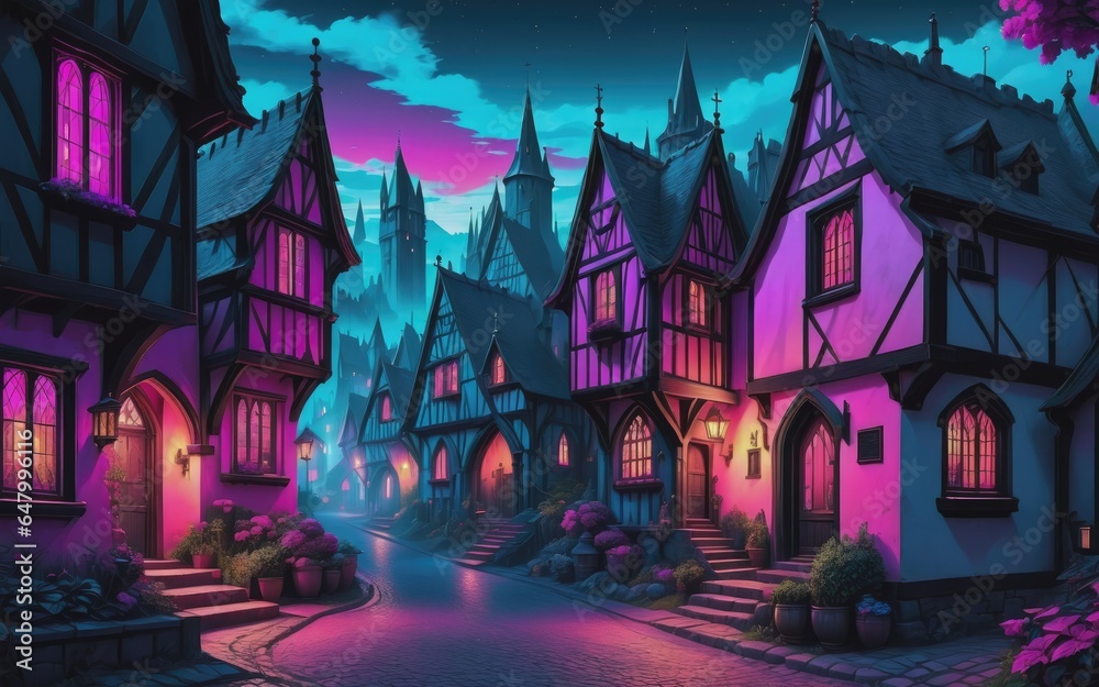 Synthwave gothic village at medieval times Beautiful illustration picture