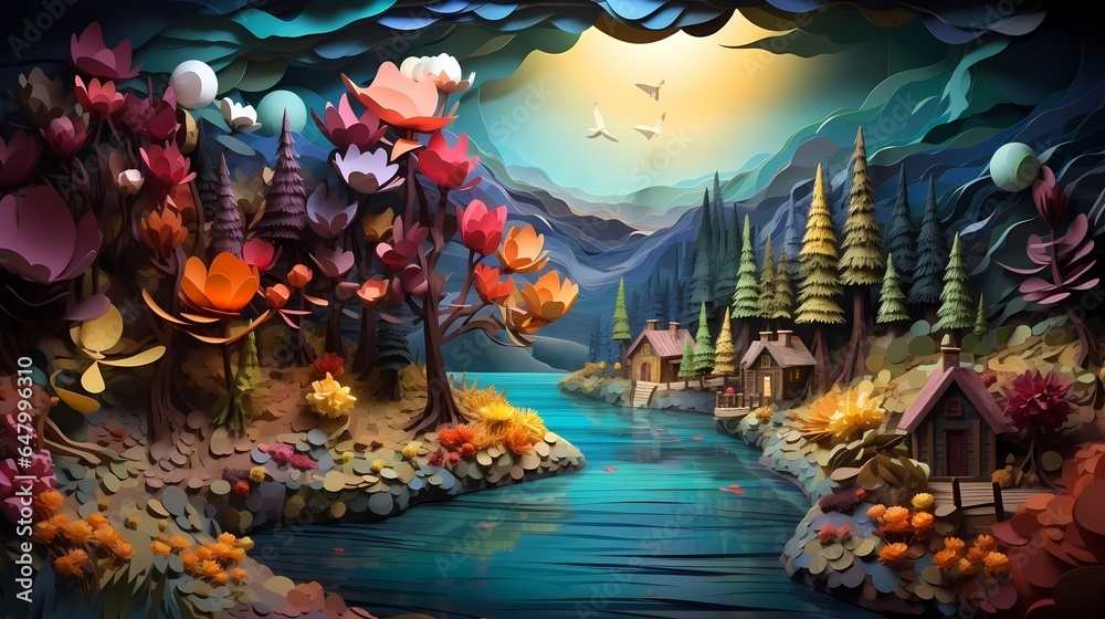 Lakeside scenery, inspired by 3D papercut art (Generative AI) Lakeside scenery, inspired by 3D papercut art (Generative AI)