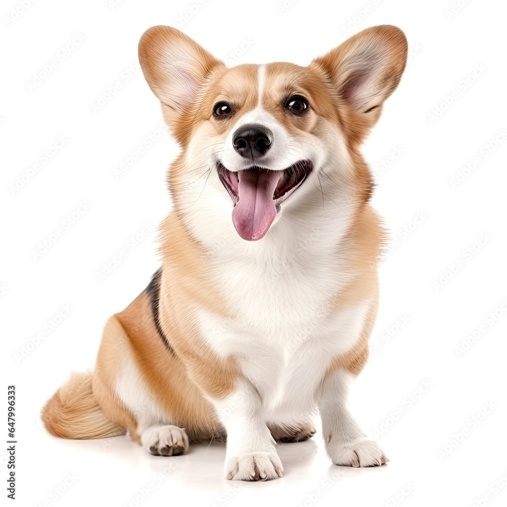 Full body friendly happy brown corgi dog sitting isolated on white background created with Generative AI Technology