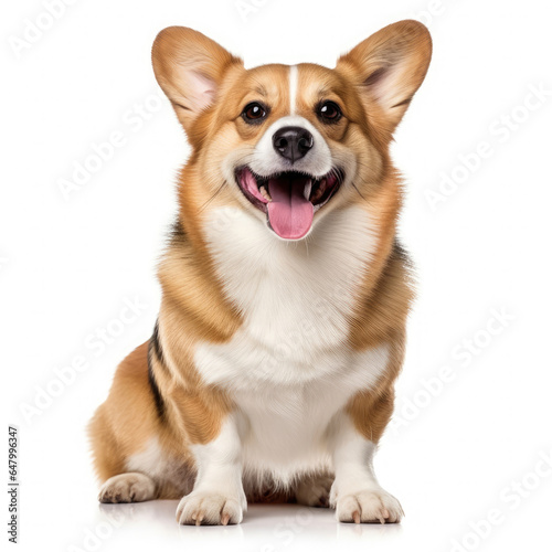 Full body friendly happy brown corgi dog sitting isolated on white background created with Generative AI Technology