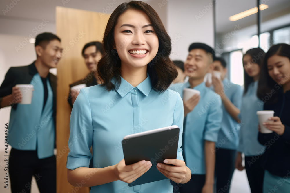 Woman is seen holding tablet in front of group of people. This image can be used to showcase technology in group setting or for illustrating presentation or meeting. Woman is seen holding tablet in front of group of people. This image can be used to showcase technology in group setting or for illustrating presentation or meeting.