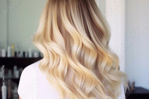 Back view of a Woman with Long Blonde balayage Hair color for Advertising Cosmetic Product for Delicate Washes, Clean, Swirling Vortexes. Beauty salon, blonde hair colouring and styling. Woman's hair.