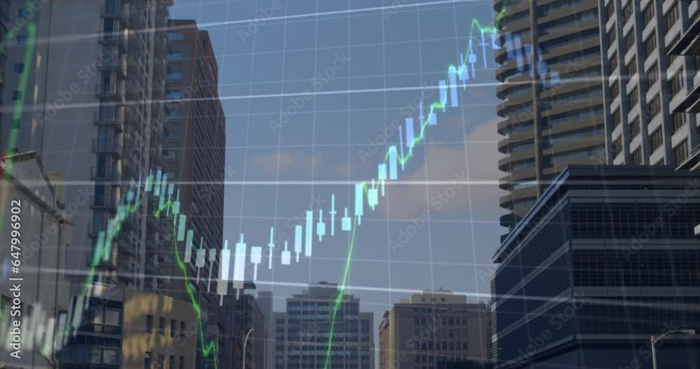 Animation of financial data processing against view of tall buildings against clouds in the blue sky Animation of financial data processing against view of tall buildings against clouds in the blue sky