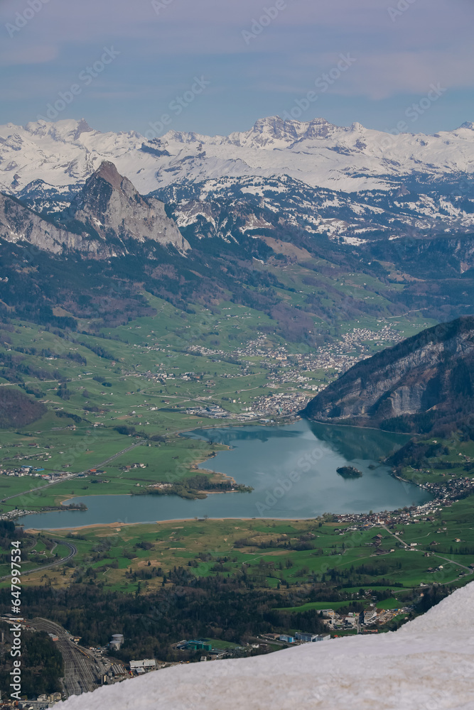 Landscape over Lake Zug and Swiss Alps from Rigi-Kulm viewpoint summit of Mount Rigi.