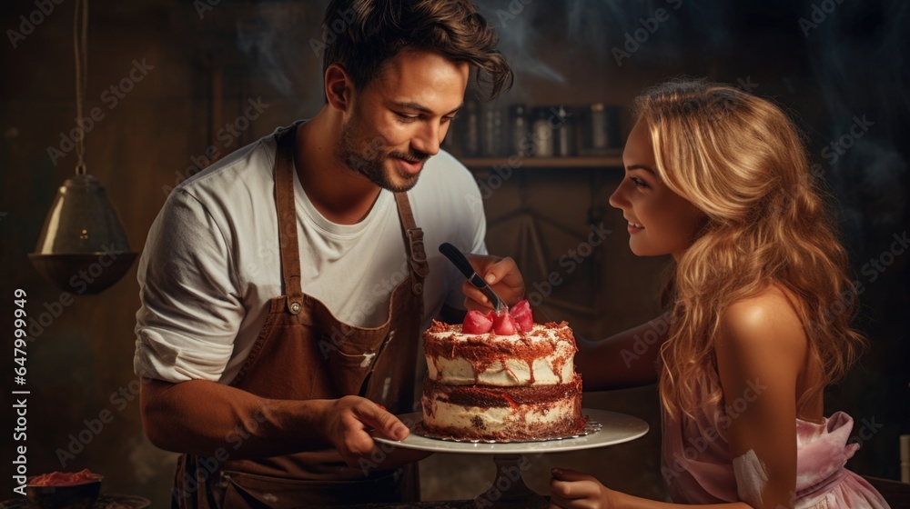 A man and a woman cutting a cake together