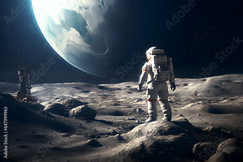 Back view of spaceman or astronaut on the surface of moon
