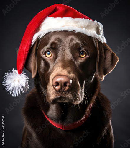 New Year animal concept  a pet during the Christmas winter holidays. The holidays are coming  a dog dressed as Santa brings gifts to good children.