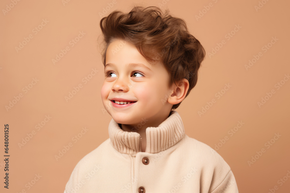 Happiness European Boy In A Beige Cardigan On Pastel Background Happiness European Boy In A Beige Cardigan On Pastel Background
