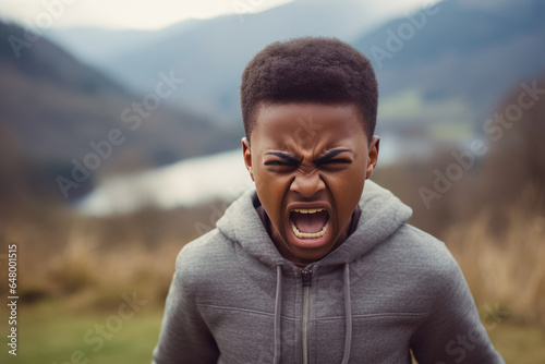 Anger African Boy In A Gray Sweatshirt On Nature Landscape Background photo