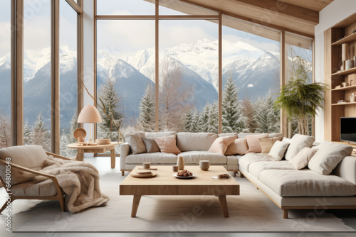Modern living room, Scandinavian design, minimalist interior, bright, airy, cozy, functional furniture, natural elements, wooden coffee table, beige sofa, armchair, floor-to-ceiling window, mountain © GustavsMD