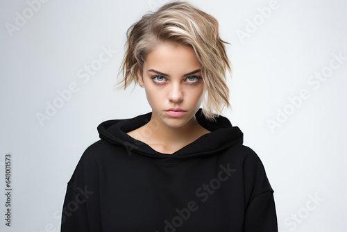 Anger European Girl In A Black Sweatshirt On White Background