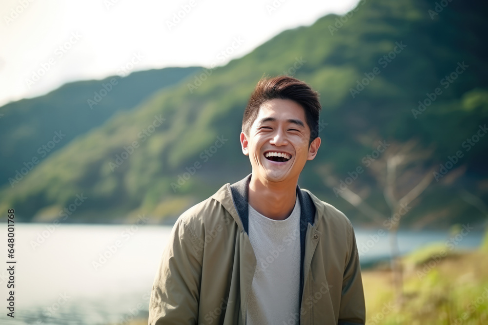 A Young Man Smiles While Standing In Front Of A Lake A Young Man Smiles While Standing In Front Of A Lake