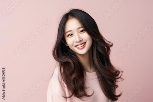 Happiness Asian Girl In A Black Cardigan On Pastel Background photo