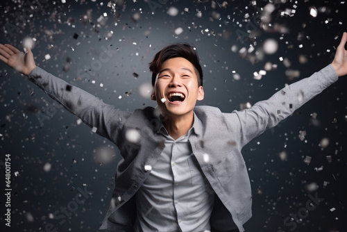 Happiness Asian Man In A Gray Jeans On Galaxy Stars Background photo