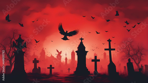 Halloween background in red with crows flying over a cemetery