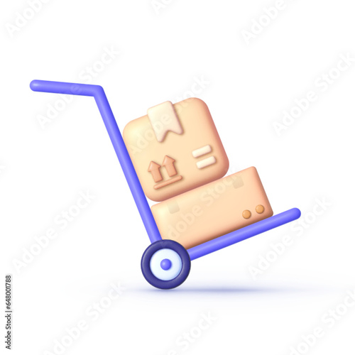 Handcart in 3d style on withe background. Handcart 2 heavy cargo boxes line icon, simple shipping delivery. Vector illustration design