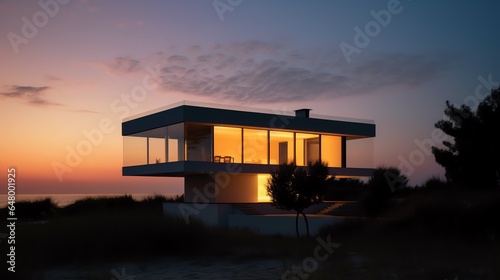 a house with a sunset in the background