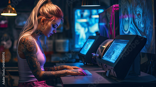 young IT specialist at work. computer geek, Girl with a tatoo
