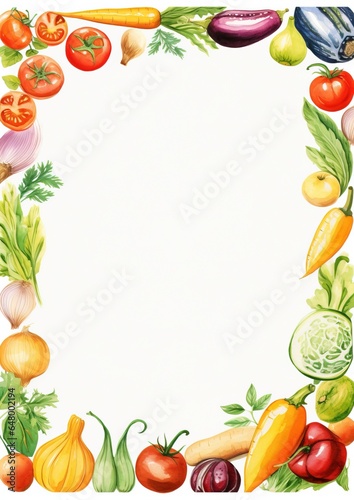 Watercolor frame with hand-drawn plants, vegetables, herbs and gardener tools. Green gardening, organic products
