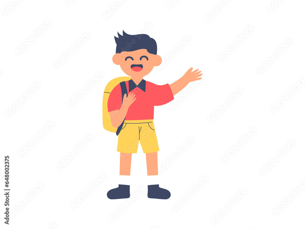 illustration of a cute child character, design element for celebrating Children's Day, cartoon boy character greets cheerfully and carries a bag