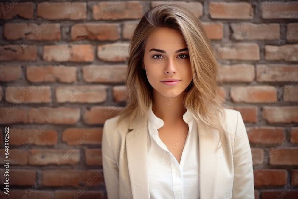 Happiness European Girl In A Beige Blazer On Brick Wall Background Happiness European Girl In A Beige Blazer On Brick Wall Background