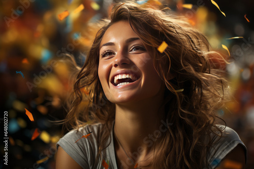 a happy female sport player celebrating winning with confetti falling generative ai