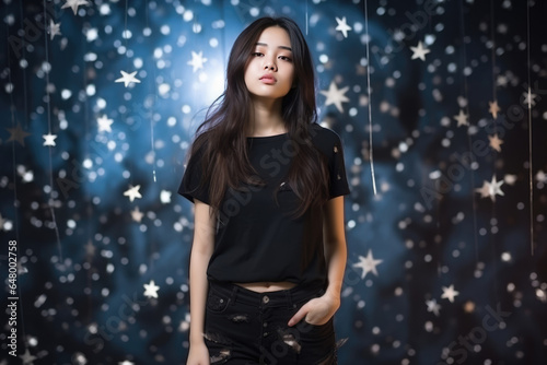 Sadness Asian Girl In A Black Jeans On Galaxy Stars Background © Anastasiia