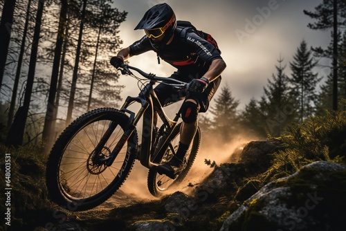 Mountain Biker in the Mountains MTB Cycling Forest Sport Bike Road Race