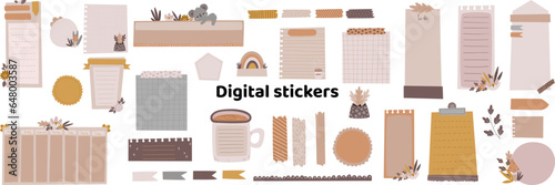 Blank hand-drawn digital stickers. Digital note papers and stickers for bullet journaling or planning. Digital planner stickers. Vector art.