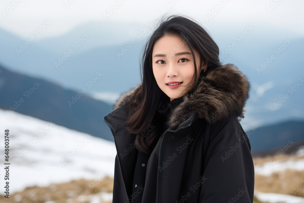 Surprise Asian Girl In A Black Coat On Mountain Scenery Background Surprise Asian Girl In A Black Coat On Mountain Scenery Background